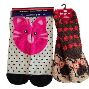 Womens Cozy Socks Snuggleboo Cat and Dog Red Dot Fuzzy Socks NEW Bundle Set
